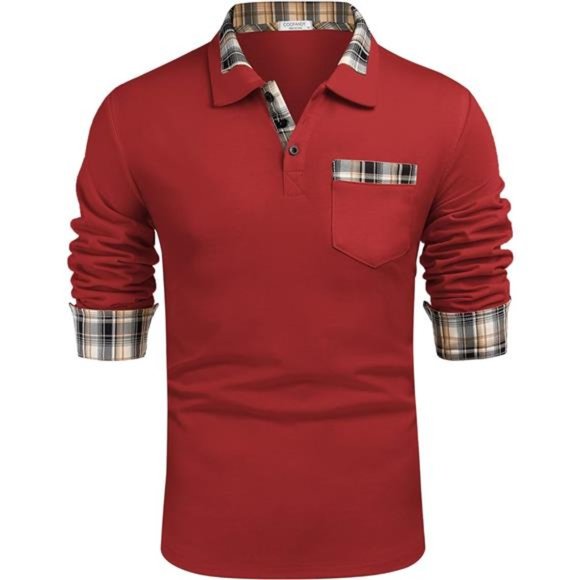 Men's Casual Long Sleeve Plaid Collar Polo Shirt with Pockets Red